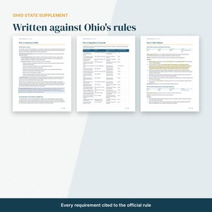 May include: Three document pages titled Ohio State Supplement, Written against Ohio's rules, and Every requirement cited to the official rule. The pages detail Part 1: Licensure in Ohio, Part 2: Regulatory Crosswalk, and Part 3: Ohio Policies.