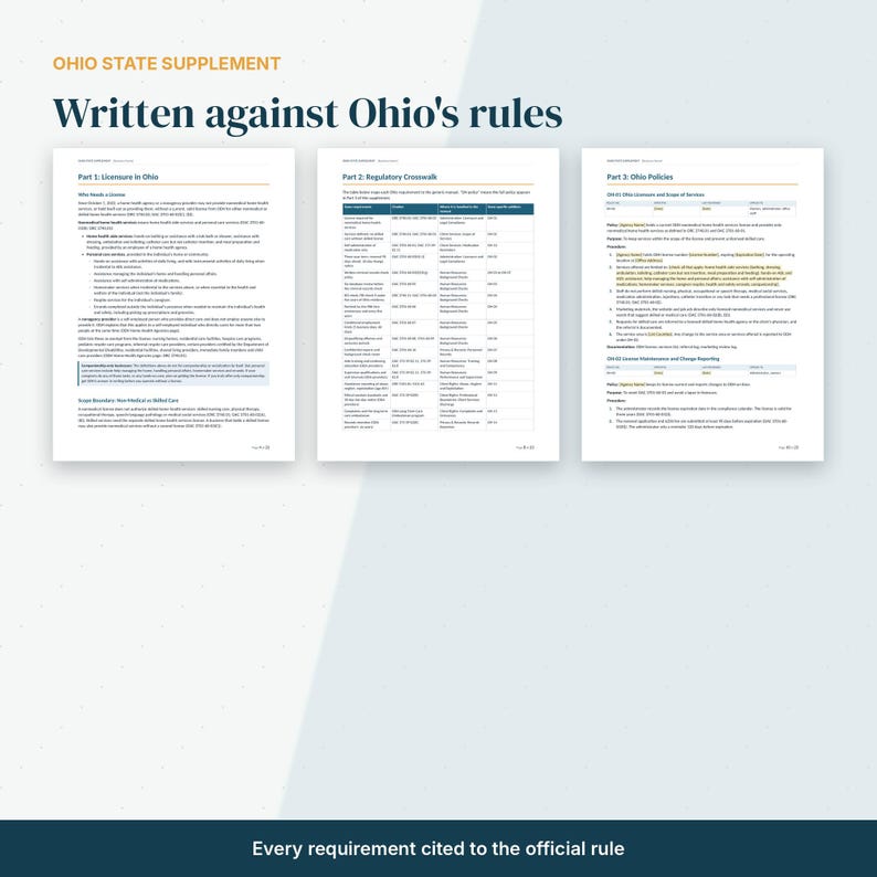 May include: Three document pages titled Ohio State Supplement, Written against Ohio's rules, and Every requirement cited to the official rule. The pages detail Part 1: Licensure in Ohio, Part 2: Regulatory Crosswalk, and Part 3: Ohio Policies.