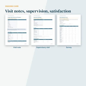 May include: Three white printable documents titled ONGOING CARE, Visit notes, supervision, satisfaction. The forms include a Caregiver Daily Visit Note and Timesheet, a Supervisory Visit Report, and a Client Satisfaction Survey with tables.