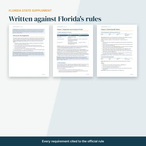 May include: Three pages of a document titled Florida State Supplement Written against Florida's rules. The pages contain text regarding registration, licensing, and policies in Florida, with headers like Chapter 1 and Chapter 3.