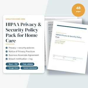 Pu&ograve; includere: Un set di documenti di 48 pagine intitolato HIPAA Privacy & Security Policy Pack for Home Care. La copertina presenta un testo blu scuro su sfondo bianco, che elenca politiche, avvisi sulle pratiche di privacy e accordi.