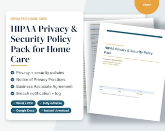 HIPAA Policies and Procedures Template, Notice of Privacy Practices, Business Associate Agreement, Home Care Agency, Editable Word