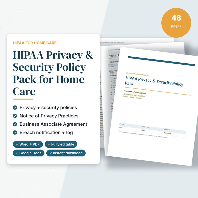 Pu&ograve; includere: Un set di documenti di 48 pagine intitolato HIPAA Privacy & Security Policy Pack for Home Care. La copertina presenta un testo blu scuro su sfondo bianco, che elenca politiche, avvisi sulle pratiche di privacy e accordi.