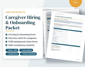 Caregiver Hiring Packet, Home Care Job Application, Interview Questions, Background Check Forms, Competency Checklist, Editable