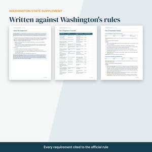 May include: Three white pages titled Washington State Supplement, Written against Washington's rules, and Every requirement cited to the official rule. The pages contain text sections titled About This Supplement, Part 2: Regulatory Crosswalk, and Part 3: Washington Policies.