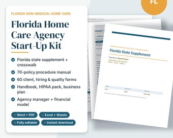 May include: A Florida Home Care Agency Start-Up Kit document set featuring a list of included materials like a 70-policy procedure manual, 60 forms, a business plan, and financial model. The pages are white with dark blue and gold text.