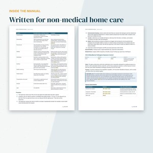 May include: Two pages from a manual titled Inside the Manual: Written for non-medical home care. The left page features a table comparing permitted and prohibited tasks for caregivers. The right page details bloodborne pathogen exposure control.