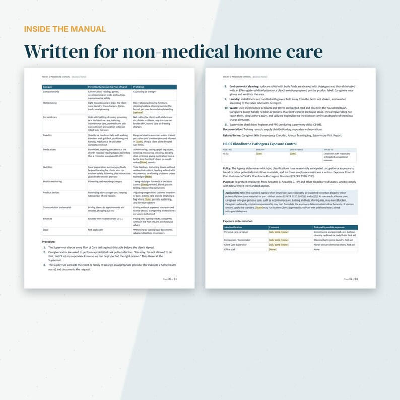 May include: Two pages from a manual titled Inside the Manual: Written for non-medical home care. The left page features a table comparing permitted and prohibited tasks for caregivers. The right page details bloodborne pathogen exposure control.