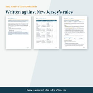May include: Three white pages titled New Jersey State Supplement, Written against New Jersey's rules, About This Supplement, Part 2: Regulatory Crosswalk, and Part 3: New Jersey Policies, featuring black text and tables with blue headers.