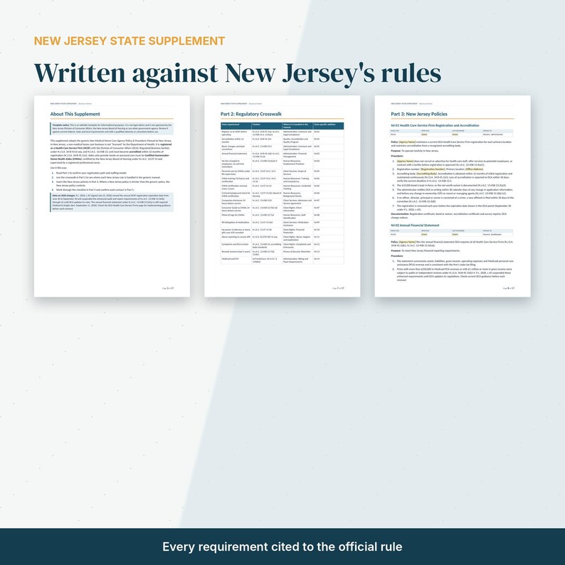 May include: Three white pages titled New Jersey State Supplement, Written against New Jersey's rules, About This Supplement, Part 2: Regulatory Crosswalk, and Part 3: New Jersey Policies, featuring black text and tables with blue headers.