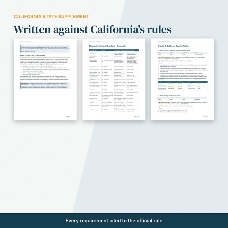 May include: Three pages of a California State Supplement document titled Written against California's rules. The pages display instructional text, a regulatory crosswalk table, and California-specific policies with detailed headers.