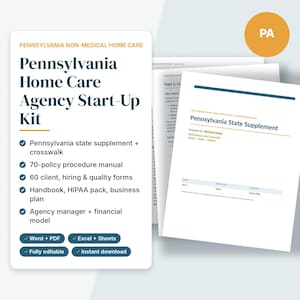 May include: A Pennsylvania Home Care Agency Start-Up Kit document set featuring a Pennsylvania state supplement, 70-policy procedure manual, 60 client, hiring and quality forms, a handbook, HIPAA pack, business plan, and financial model.