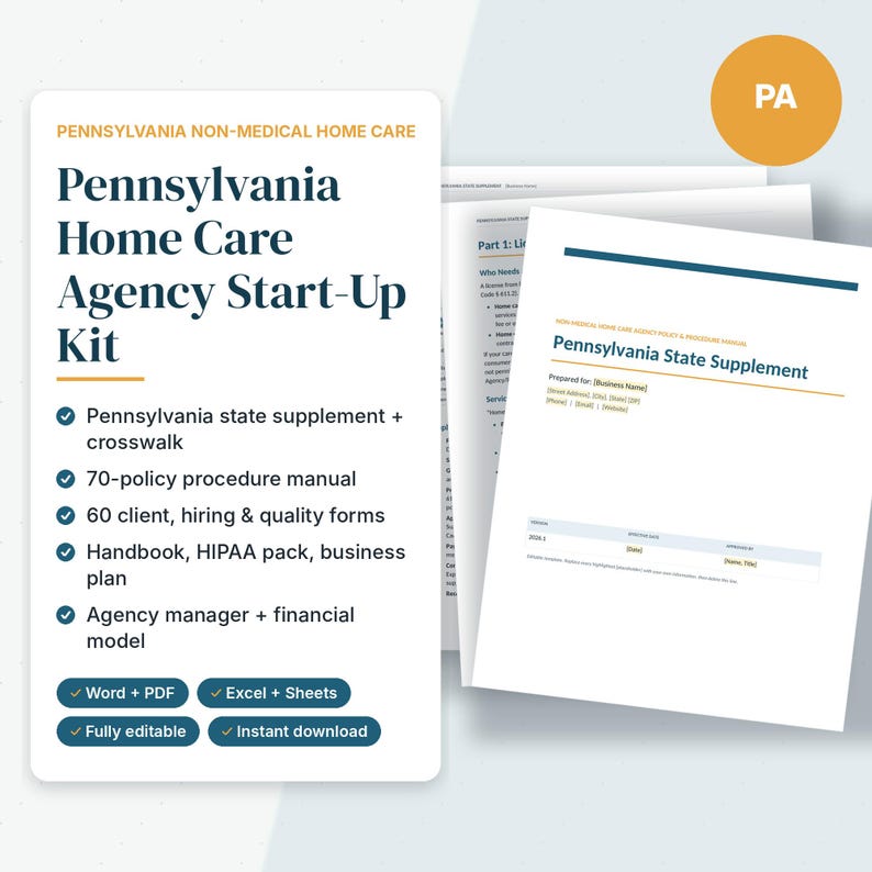 May include: A Pennsylvania Home Care Agency Start-Up Kit document set featuring a Pennsylvania state supplement, 70-policy procedure manual, 60 client, hiring and quality forms, a handbook, HIPAA pack, business plan, and financial model.