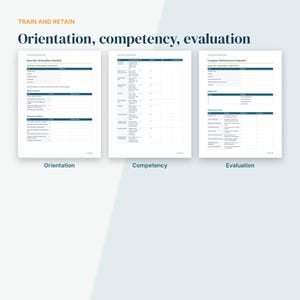 May include: Three white document pages titled Train and Retain: Orientation, competency, evaluation. The pages feature tables for New Hire Orientation Checklist, Competency, and Caregiver Performance Evaluation with dark blue headers.