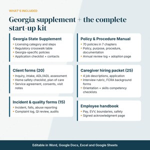 May include: A digital document set titled Georgia supplement + the complete start-up kit. It lists contents including a Georgia State Supplement, Policy & Procedure Manual, client forms, caregiver hiring packet, and employee handbook.