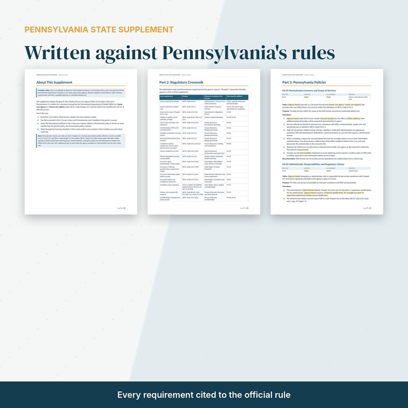 May include: Three white pages titled Pennsylvania State Supplement, Written against Pennsylvania's rules, and Every requirement cited to the official rule. The documents contain sections About This Supplement, Part 2: Regulatory Crosswalk, and Part 3: Pennsylvania Policies.