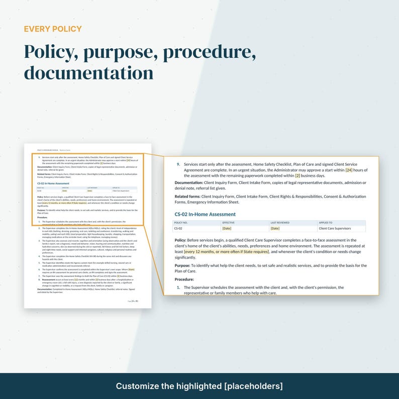 May include: A document template titled Every Policy: Policy, purpose, procedure, documentation. It features a detailed section on In-Home Assessment with placeholders for dates and text, designed for professional care service documentation.