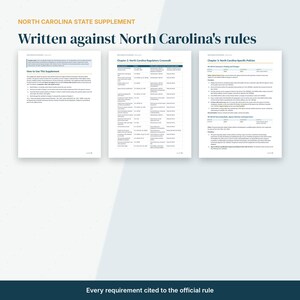 May include: Three pages of the North Carolina State Supplement document, featuring the title Written against North Carolina's rules, How to Use This Supplement, Chapter 2: North Carolina Regulatory Crosswalk, and Chapter 3: North Carolina-Specific Policies.