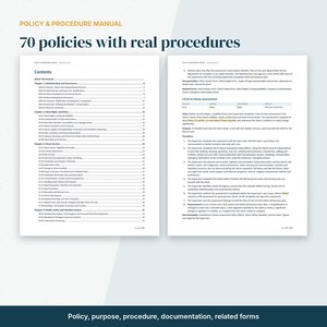 May include: A policy and procedure manual featuring 70 policies with real procedures. The document includes a table of contents listing chapters on administration, ethics, client services, and safety, plus a detailed page on in-home assessment.