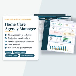 May include: A digital Home Care Agency Manager spreadsheet template featuring a dashboard with revenue, client visits, and payroll tracking. The interface includes lists for clients, caregivers, and credential alerts, compatible with Excel and Google Sheets.