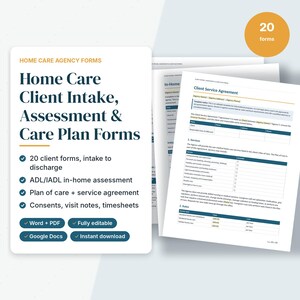 May include: A set of 20 home care agency forms including client intake, assessment, and care plan documents. The pages feature dark blue text on white paper, with checkmarks, tables, and fields for service agreements and timesheets.