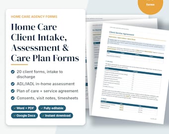 Home Care Client Intake Forms, In Home Assessment, Care Plan Template, Service Agreement, Caregiver Visit Notes, Editable Word