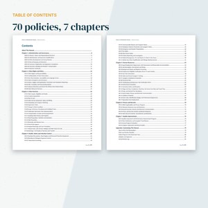 May include: A two-page table of contents from a policy and procedure manual. The header reads "TABLE OF CONTENTS" and "70 policies, 7 chapters." The text lists chapters and sub-sections for administration, client rights, services, and human resources.