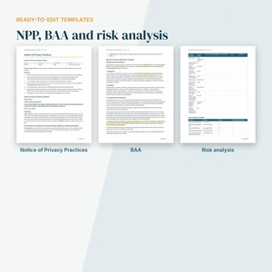 Pu&ograve; includere: Un set di tre modelli pronti per la modifica intitolati NPP, BAA e risk analysis. I documenti includono un'informativa sulle pratiche di privacy, un accordo di associazione commerciale e una tabella di analisi dei rischi con colonne.