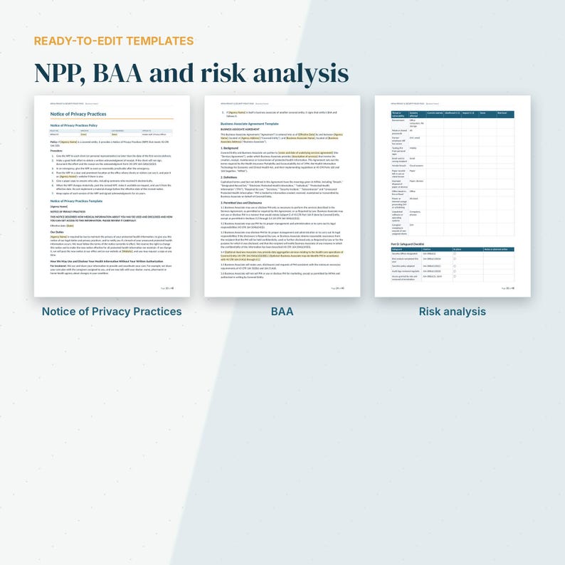 Pu&ograve; includere: Un set di tre modelli pronti per la modifica intitolati NPP, BAA e risk analysis. I documenti includono un'informativa sulle pratiche di privacy, un accordo di associazione commerciale e una tabella di analisi dei rischi con colonne.
