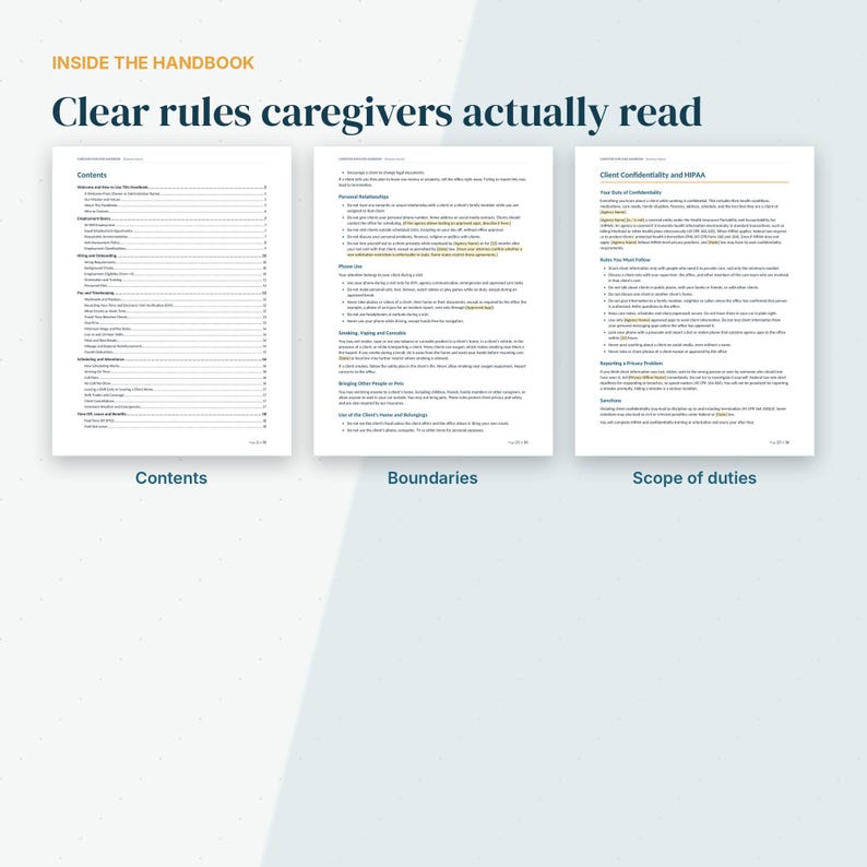 May include: Three pages from a caregiver handbook titled Inside the Handbook: Clear rules caregivers actually read. The pages display a table of contents, a section on boundaries, and a section on client confidentiality and HIPAA regulations.