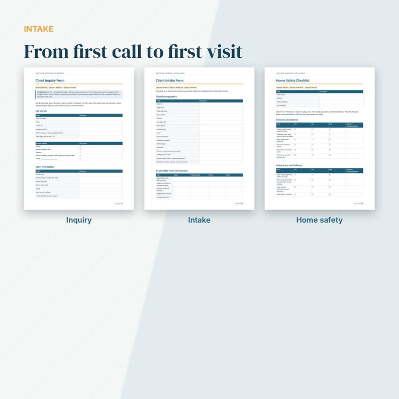 May include: Three white document pages titled INTAKE, From first call to first visit, featuring a Client Inquiry Form, Client Intake Form, and Home Safety Checklist with dark blue headers, text fields, and checkboxes for administrative use.