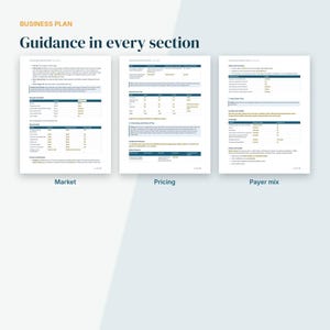 Puede incluir: Tres p&aacute;ginas de un documento de plan de negocios titulado Guidance in every section. Las p&aacute;ginas presentan tablas y texto organizados en secciones etiquetadas como Market, Pricing y Payer mix, detallando c&aacute;lculos financieros, estrategias de marketing y planes operativos.