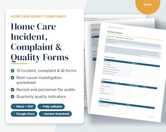 Home Care Incident Report Forms, Complaint Grievance Log, Quality Improvement Audit Checklists, Home Care Agency, Editable Word