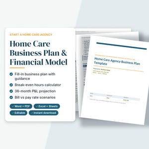 May include: A digital document set titled Home Care Business Plan & Financial Model. The white pages feature dark blue text, gold accents, and checkmarks listing features like a 36-month P&L projection and editable Word, PDF, and Excel files.