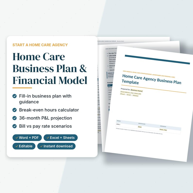 Puede incluir: Un conjunto de documentos digitales titulado Home Care Business Plan & Financial Model. Las p&aacute;ginas blancas presentan texto azul oscuro, detalles dorados y marcas de verificaci&oacute;n que enumeran funciones como una proyecci&oacute;n de P&L de 36 meses.
