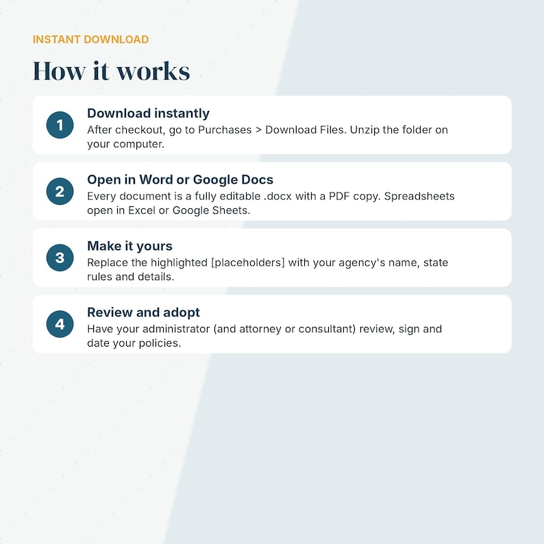 May include: An instructional graphic titled How it works with four numbered steps. Step 1: Download instantly. Step 2: Open in Word or Google Docs. Step 3: Make it yours by replacing placeholders. Step 4: Review and adopt by having an administrator sign.