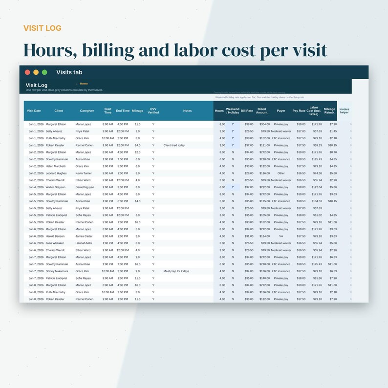 May include: A digital spreadsheet titled Visit Log displaying hours, billing, and labor costs per visit. The table includes columns for visit date, client, caregiver, start and end times, mileage, EVV status, hours, bill rate, and labor costs.