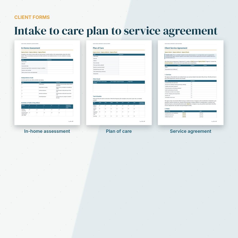 May include: A set of three white paper documents titled Client Forms, Intake to care plan to service agreement. The pages include In-Home Assessment, Plan of Care, and Client Service Agreement with dark blue headers and tables.