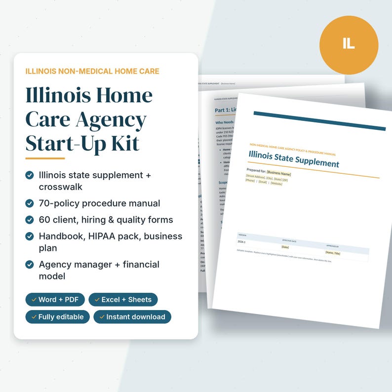 Pu&ograve; includere: Un kit di avvio per un'agenzia di assistenza domiciliare in Illinois che include un manuale di procedure, moduli per clienti e assunzioni, un business plan e un supplemento statale. Documenti disponibili in formato Word, PDF, Excel e Sheets.
