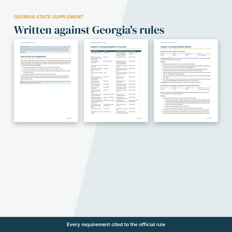 May include: Three white pages of a Georgia State Supplement document titled Written against Georgia's rules. The pages contain text, tables, and headers including How to Use This Supplement, Chapter 2: Georgia Regulatory Crosswalk, and Chapter 3: Georgia-Specific Policies.