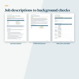 May include: Three white documents titled Job descriptions to background checks, featuring a Job Description for a Caregiver, a Background Check Disclosure, and a New Hire Checklist with tables, text, and checkboxes for human resources.