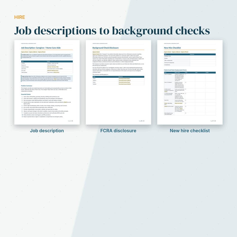 May include: Three white documents titled Job descriptions to background checks, featuring a Job Description for a Caregiver, a Background Check Disclosure, and a New Hire Checklist with tables, text, and checkboxes for human resources.