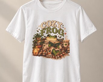 Cozy Frog Book Lover Shirt, Cute Reading Frog Tee, Cottagecore Graphic T-Shirt, Bookish Gift
