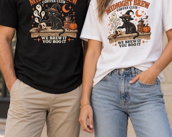 Midnight Brew Coffee Club shirt, Black Cat Halloween T-shirt, Witchy Coffee Lover Graphic T-shirt