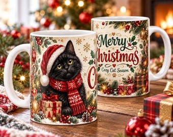 Festive Black Cat Christmas Mug, Cozy Holiday Coffee Cup, Cat Lover Gift