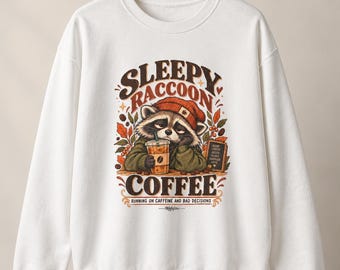 Lustiges Waschbär-Kaffee-Sweatshirt, Rundhalsausschnitt mit verschlafenem Waschbärenmotiv, süßes Geschenk für Koffeinliebhaber