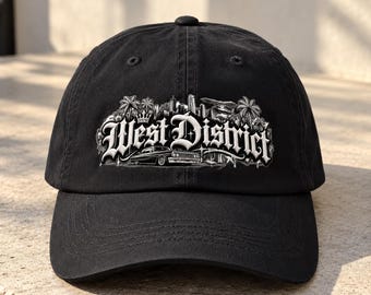West District Streetwear Hat, Gothic Old English Cap, West Coast Urban Fashion Baseball Hat