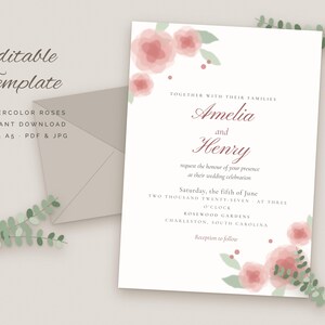 Op de afbeelding: Een trouwkaart-sjabloon met aquarelrozen in roze tinten en groen blad. De tekst luidt: Together with their families Amelia and Henry request the honour of your presence at their wedding celebration.