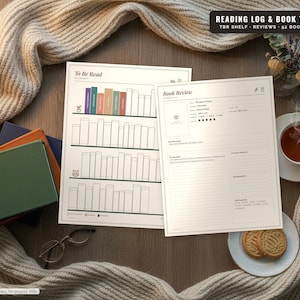 Può includere: Un set stampabile di registro di lettura e tracciatore di libri con una pagina di libreria To Be Read con dorsi di libri illustrati e una pagina Book Review con campi per titolo, autore e valutazione. Le pagine sono bianche con testo nero.
