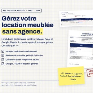 Peut inclure: Un kit numérique pour la gestion locative meublée, incluant un tableau de bord, des modèles de quittances de loyer et des outils de suivi automatisés. Le texte affiche 'Gérez votre location meublée sans agence' sur un fond quadrillé.